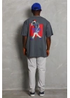 Oversize Baskılı Bisiklet Yaka T-Shirt - Füme -