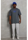 Oversize Baskılı Bisiklet Yaka T-Shirt - Füme -