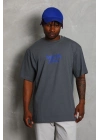 Oversize Baskılı Bisiklet Yaka T-Shirt - Füme -