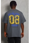 Oversize Baskılı Bisiklet Yaka T-Shirt - Füme -