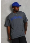 Oversize Baskılı Bisiklet Yaka T-Shirt - Füme -