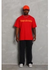Oversize Baskılı Bisiklet Yaka T-Shirt - Kırmızı -