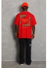 Oversize Baskılı Bisiklet Yaka T-Shirt - Kırmızı -