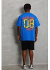 Oversize Baskılı Bisiklet Yaka T-Shirt - Mavi -