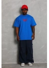 Oversize Baskılı Bisiklet Yaka T-Shirt - Mavi -