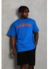 Oversize Baskılı Bisiklet Yaka T-Shirt - Mavi -