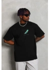 Oversize Baskılı Bisiklet Yaka T-Shirt - Siyah -