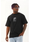 Oversize Baskılı Bisiklet Yaka T-Shirt - Siyah -