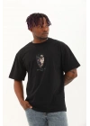 Oversize Baskılı Bisiklet Yaka T-Shirt - Siyah -