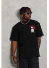 Oversize Baskılı Bisiklet Yaka T-Shirt - Siyah -