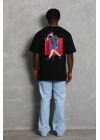 Oversize Baskılı Bisiklet Yaka T-Shirt - Siyah -