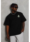 Oversize Baskılı Bisiklet Yaka T-Shirt - Siyah -