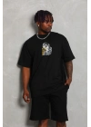 Oversize Baskılı Bisiklet Yaka T-Shirt - Siyah -