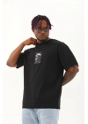 Oversize Baskılı Bisiklet Yaka T-Shirt - Siyah -