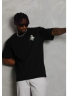 Oversize Baskılı Bisiklet Yaka T-Shirt - Siyah -