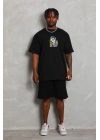 Oversize Baskılı Bisiklet Yaka T-Shirt - Siyah -