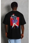 Oversize Baskılı Bisiklet Yaka T-Shirt - Siyah -