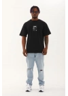 Oversize Baskılı Bisiklet Yaka T-Shirt - Siyah -