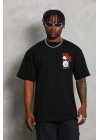 Oversize Baskılı Bisiklet Yaka T-Shirt - Siyah -