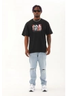 Oversize Baskılı Bisiklet Yaka T-Shirt - Siyah -