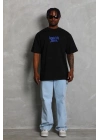 Oversize Baskılı Bisiklet Yaka T-Shirt - Siyah -
