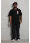 Oversize Baskılı Bisiklet Yaka T-Shirt - Siyah -