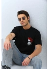 Oversize Baskılı Bisiklet Yaka T-Shirt - Siyah -