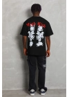 Oversize Baskılı Bisiklet Yaka T-Shirt - Siyah -
