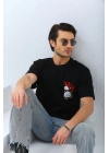 Oversize Baskılı Bisiklet Yaka T-Shirt - Siyah -