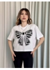 Oversize Beyaz baskılı crop tişört