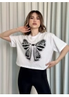 Oversize Beyaz baskılı crop tişört