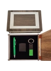 Özel Ahşap Kutulu Yeşil Anahtarlık Kalem ve Çakmak Set