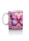 Pembe Arka Planlı Çift Mor Kelebek Deseni - Baskılı kahve kupası
