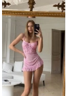 Pembe Balenli Tül Dantelli Gecelik TM1406