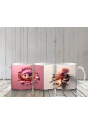 Pembe Bereli Sevimli Dinozor Kız Figürü (Yandan ve Önden) - Baskılı kahve kupası