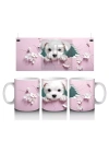 Pembe Çiçeklerle Süslenmiş Yavru Köpek – Baskılı Kahve Kupası