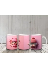 Pembe Fon Üzerinde Bereli Sevimli Ayıcık Tasarımı - Baskılı kahve kupası
