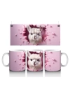 Pembe Kalpler Arasında Sevimli Beyaz Tavşan Figürü - Baskılı kahve kupası