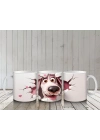 Pembe Kalplerle Çevrili Gülümseyen Karikatür Köpek - Baskılı kahve kupası