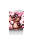 Pembe Kurdeleli Kalpli Gözlüklü Dinozor Deseni - Baskılı kahve kupası