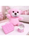 Pembe Peluş Ayıcık, Kar Küresi Ve Pembe Çikolata Not Defteri Hediye Seti
