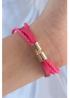 Pembe Renk Zirkon Taşlı Deri Çoklu Bileklik
