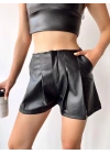 Pileli deri şort siyah h240053