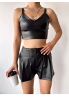 Pileli deri şort siyah h240053