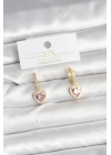 Pirinç Gold Pembe Renk Zirkon Taşlı Kalp Model Kadın Küpe