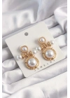 ® Pirinç Gold Renk İnci Taşlı Motifli Küpe
