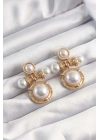 ® Pirinç Gold Renk İnci Taşlı Motifli Küpe