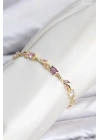 Pirinç Gold Renk Pembe ve Mor Zirkon Taşlı Çiçek Model Kadın Bileklik