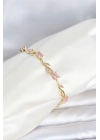 Pirinç Gold Renk Pembe Zirkon Taşlı Çiçek Model Kadın Bileklik