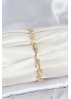 Pirinç Gold Renk Pembe Zirkon Taşlı Çiçek Model Kadın Bileklik